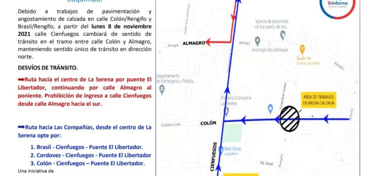 Atención: Cambio de sentido de tránsito en calle Cienfuegos de La Serena