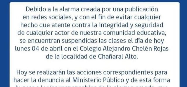 Tras amenaza de balacera en Colegio Alejandro Chelén Rojas municipio decide suspender las clases