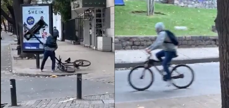 VÍDEO: Ladrón roba bicicleta que estaba enganchada a letrero de direcciones